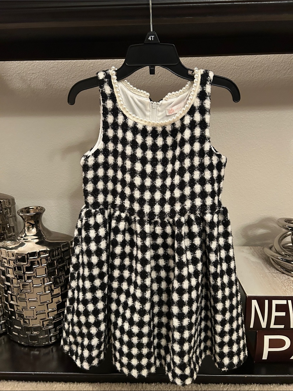 GB girls Black and White Checkered Pearl-Trim Dress Size 5